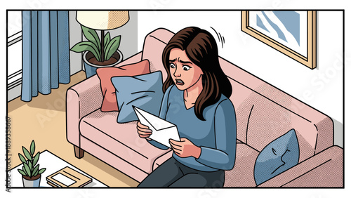 Worried woman receiving unexpected news while reading letter in living room
