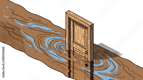 Floating wooden door in isometric flood scene