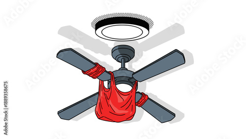 Ceiling fan with red shirt caught in blades pop art style