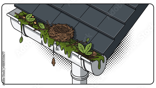 Clogged gutter with bird nest and leaves on roof in detailed isometric art