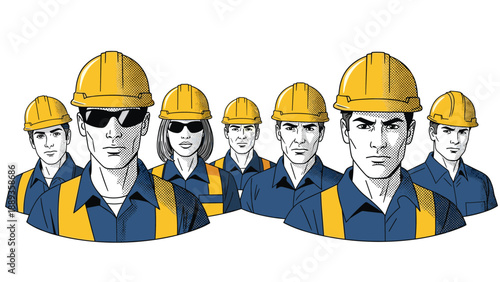 Group of construction workers wearing hard hats in pop art style