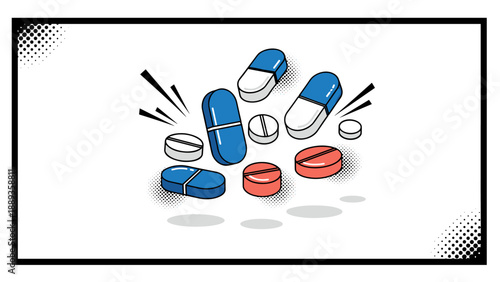 Vibrant comic style design of floating capsules and tablets with dynamic effects