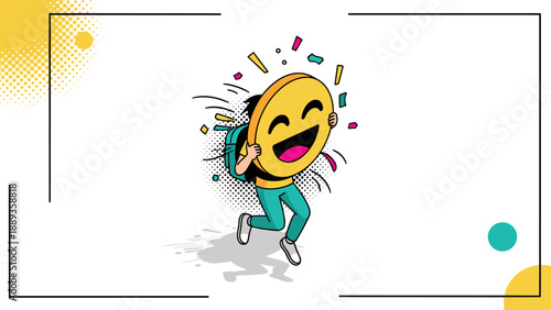 Colorful emoji face character with backpack in dynamic cartoon style