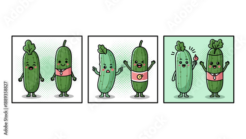 Cute comic style cucumber characters engaged in fun activities