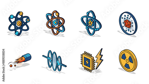 Scientific icons set featuring atomic structures, circuit boards, radiation symbol in isometric style