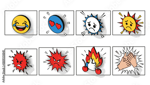 Colorful pop art emojis and symbols in comic style