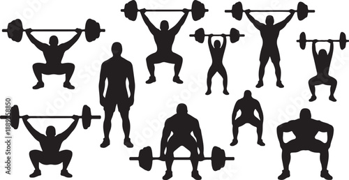 Weightlifting Silhouettes Set Black Vector Collection Barbell Strength Training Gym Icons, black and white silhouette, vector and illustration	