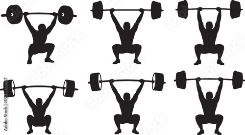 Weightlifting Silhouettes Set Black Vector Collection Barbell Strength Training Gym Icons, black and white silhouette, vector and illustration	
