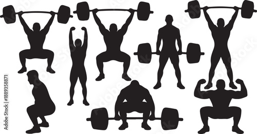 Weightlifting Silhouettes Set Black Vector Collection Barbell Strength Training Gym Icons, black and white silhouette, vector and illustration	