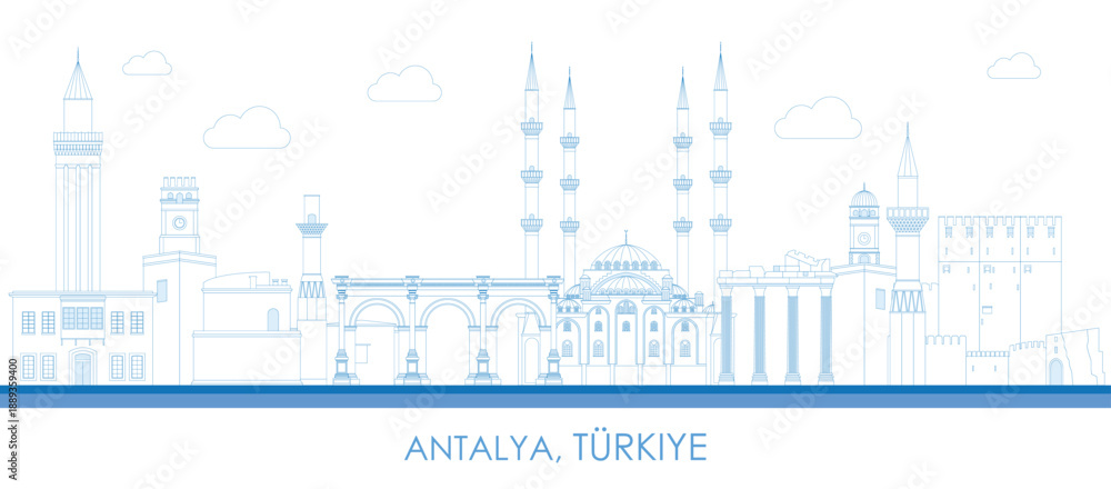 Obraz premium Outline Skyline panorama of city of Antalya, Turkiye (Turkey) - vector illustration