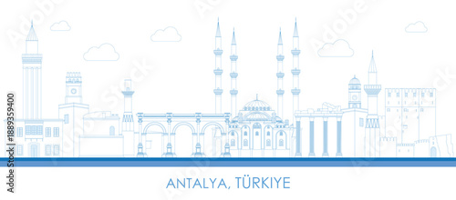 Outline Skyline panorama of city of Antalya, Turkiye (Turkey) - vector illustration