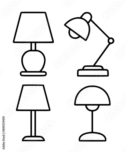 Collection of table lamp illustration icons, in outline version for coloring