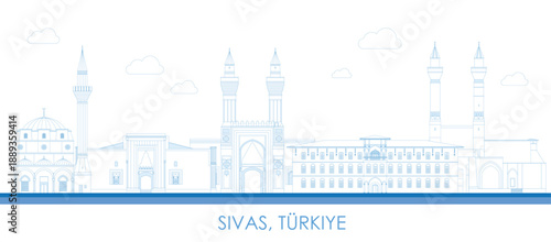 Outline Skyline panorama of city of Sivas, Turkiye (Turkey) - vector illustration