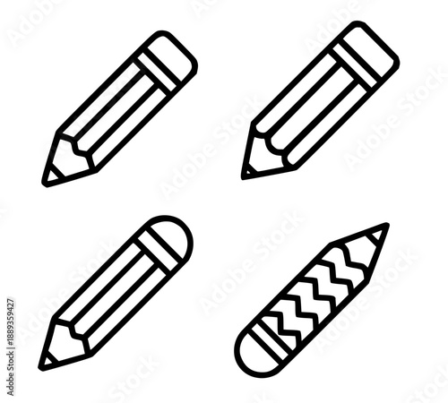 Collection of pencil illustration icons, in outline version for coloring