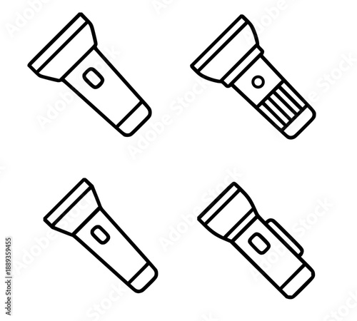 A collection of flashlight illustration icons, in outline version for coloring.