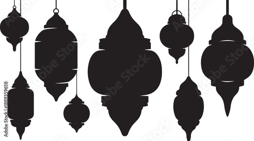 Black Silhouette Hanging Decorative Lanterns on White Background Illustration