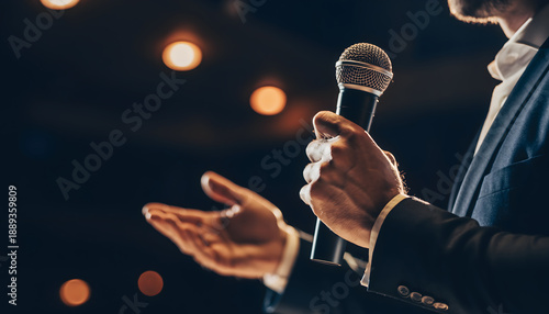 Professional Speaker Holding Microphone on Stage