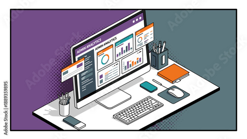 Modern office workspace with computer monitor displaying analytics dashboard