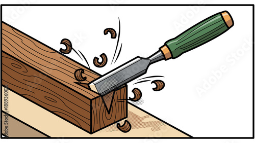 Woodworking chisel crafting illustration with wood shavings and engraving tool