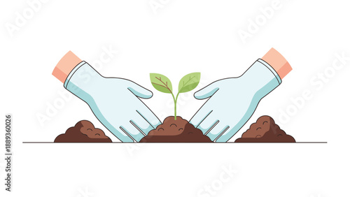 Hands in gloves planting seedling in soil for gardening and sustainability concept