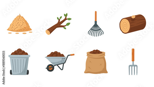 Garden tools and supplies set for landscaping in modern flat design