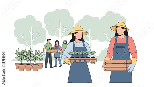Gardening team in action: flat style depiction of people planting trees in a community garden