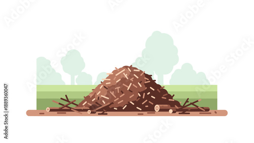 Flat design compost pile in garden setting with trees and grass