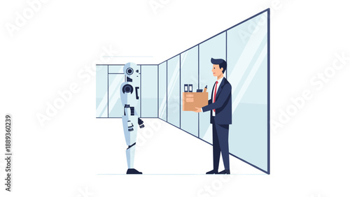 Futuristic office scene with robot and businessman collaborating