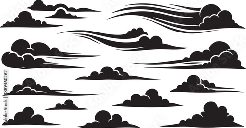 Collection of various black cloud silhouettes on white background