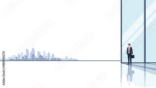 Professional figure in office setting with city skyline in background