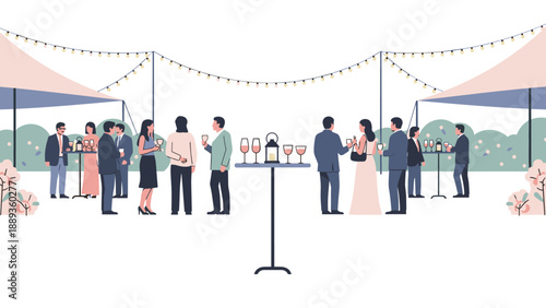 Elegant outdoor party with people socializing under string lights