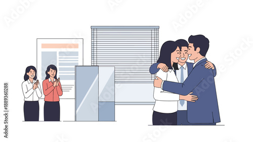 Business team celebrating success with office colleagues applauding in background