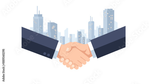 Business handshake with city skyline background in flat style