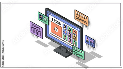 Isometric online learning platform with lessons and video conference interface