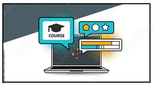 Online learning platform concept with laptop and course icons