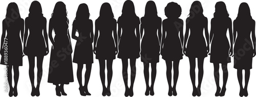 Silhouettes of women in dresses standing in a row