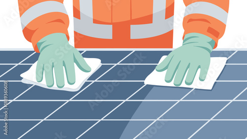 Worker cleaning solar panels with gloves for maintenance and efficiency