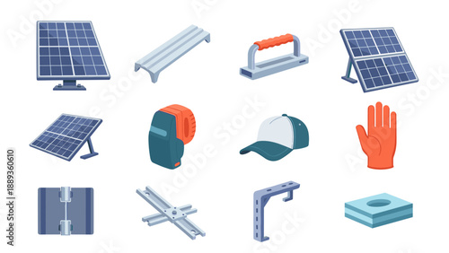 Set of solar panels and construction tools in isometric style
