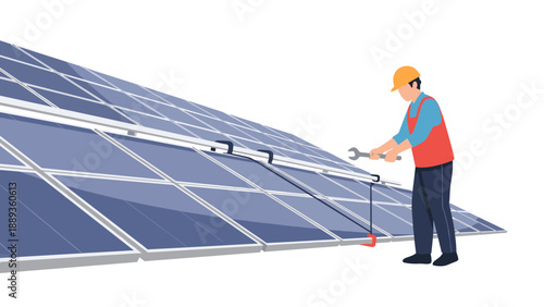 Technician installing solar panels in flat design for renewable energy concept