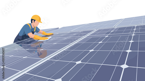 Worker maintaining solar panels in flat style for clean energy