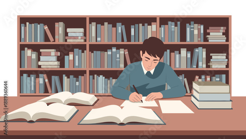 Student writing in library: books, study, knowledge, learning environment, academic focus