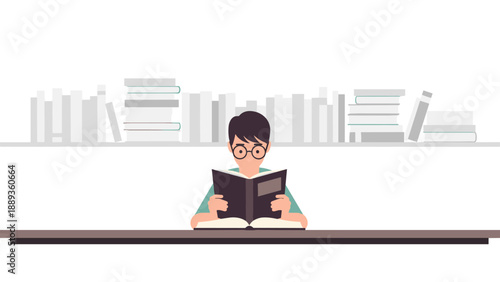 Young reader in minimalist library with bookshelf background