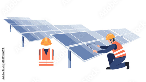 Technician installing solar panels with safety gear in a flat style artwork