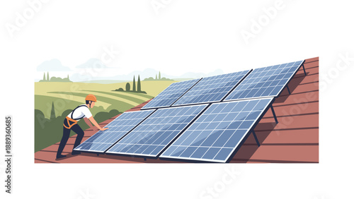 Sustainable energy: solar panel installation on rooftop in scenic landscape