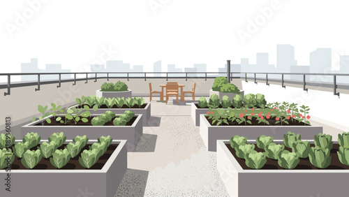 Urban rooftop garden with raised beds and city skyline in modern flat style