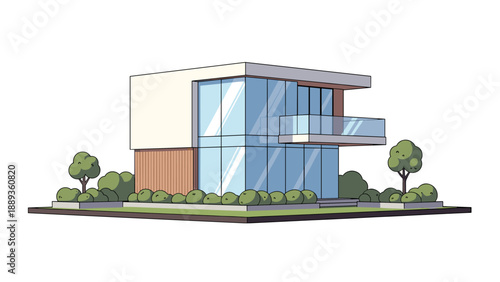 Modern minimalist house with glass facade and flat roof design