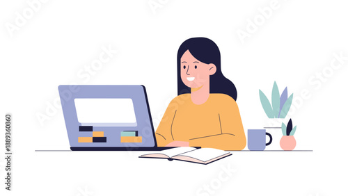 Flat style woman working on laptop with plants and coffee mug in home office setting