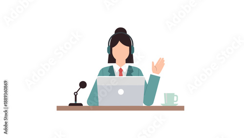 Flat design podcast host avatar in headphones with laptop and microphone