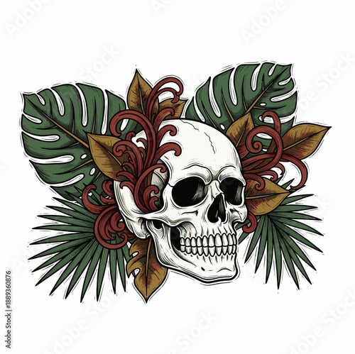 Skull with Tropical Leaves and Floral Elements in Artistic Design