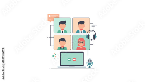 Flat design virtual meeting concept with computer and participants